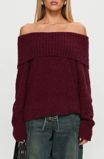 Princess Polly Parkley Off The Shoulder Bouclé Sweater In Burgundy