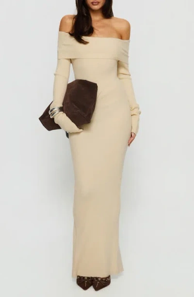 Princess Polly Phylis Off The Shoulder Long Sleeve Rib Maxi Dress In Neutral