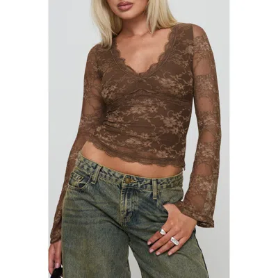 Princess Polly Pitter Long Sleeve Floral Mesh Top In Brown