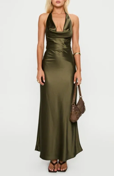 Princess Polly Plunge Neck Open Back Satin Maxi Dress In Green