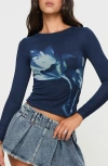 Princess Polly Raldor Floral Graphic Mesh Top In Navy