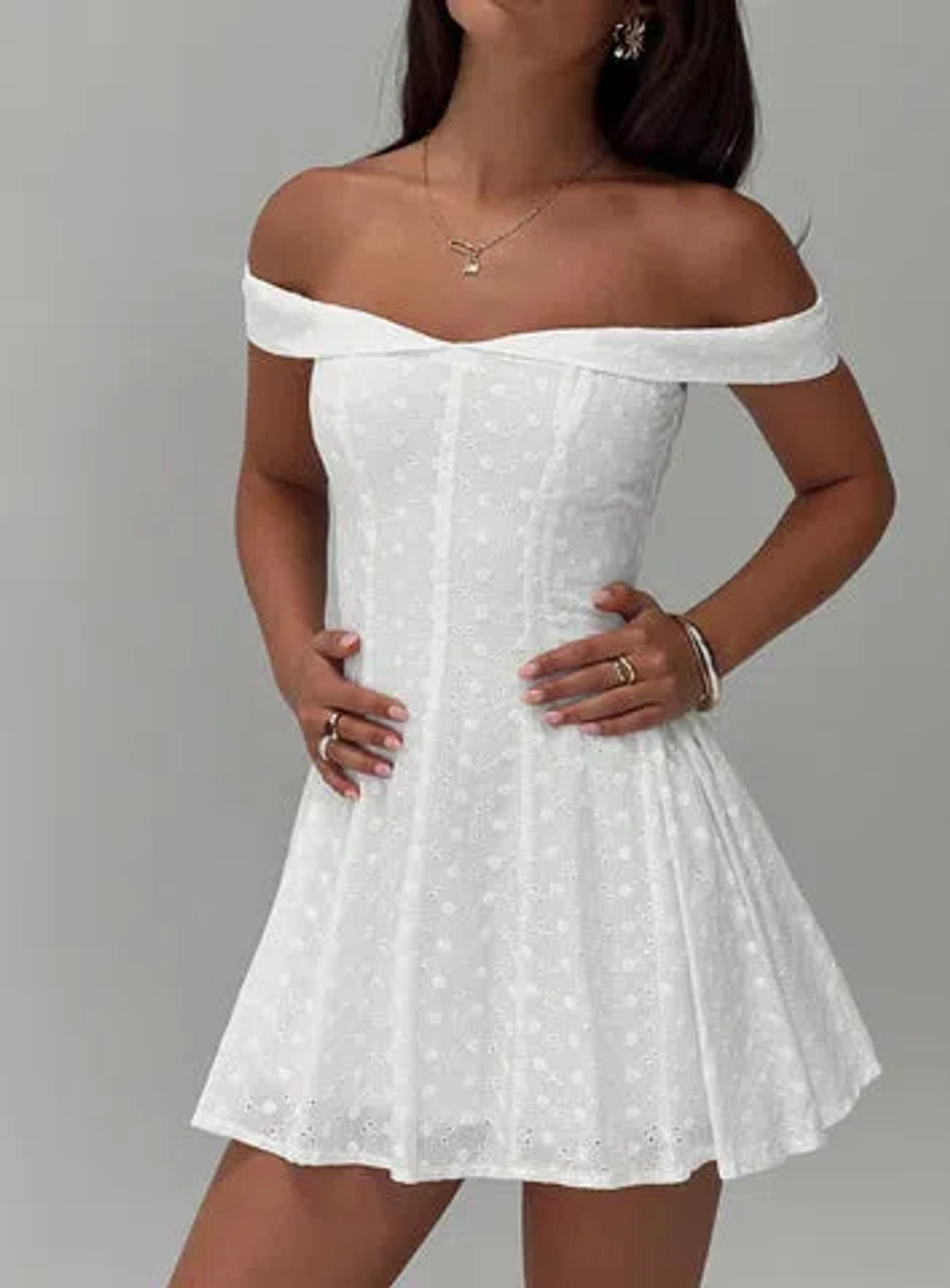 Rosebud Broiderie Off The Shoulder Mini Dress In White