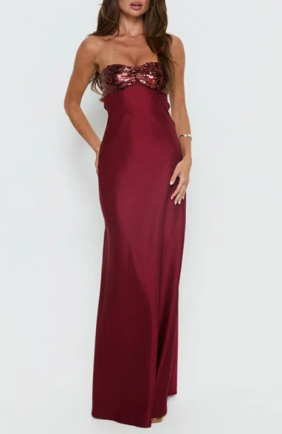 Princess Polly See The Vision Sequin Bust Strapless Maxi Dress In Burgundy