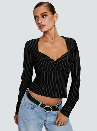 Princess Polly Set For Life Foldover Detail Long Sleeve Top In Black / White Pinstripe