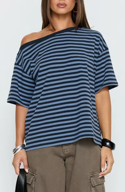 Princess Polly Settle Down Stripe Oversize One-shoulder Top In Blue