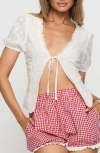 Princess Polly Sez Floral Embroidered Tie Front Laced Back Top In White