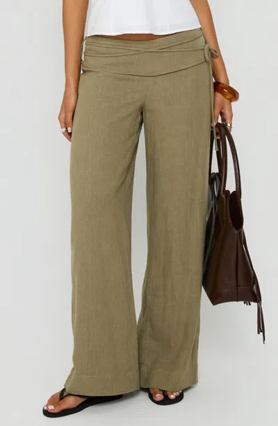 Princess Polly Silver Moon Linen Blend Wide Leg Tie Pants In Green