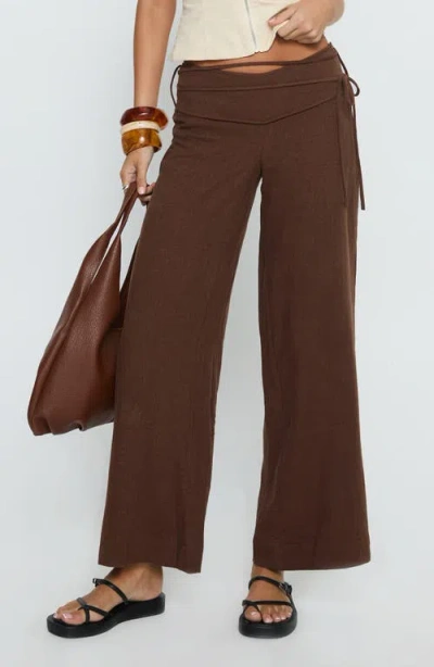 Princess Polly Silver Moon Tie Waist Linen Blend Pants In Brown