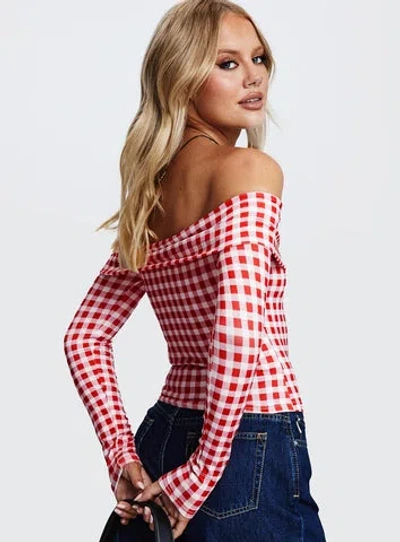 Princess Polly Singular Off The Shoulder Long Sleeve Top In Red Check