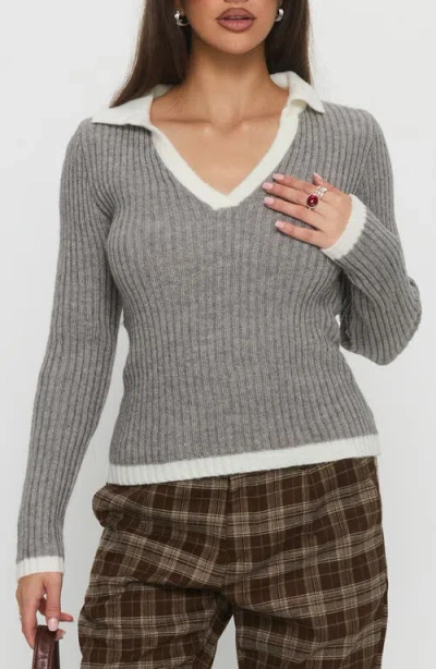Princess Polly Skylen Long Sleeve Collared Top In Gray