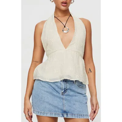 Princess Polly Sosna Embroidered Open Back Halter Top In Medium Beige