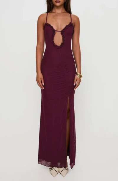 Princess Polly Soulina Plunge Neck Ruched Mesh Maxi Dress In Red
