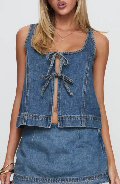 Princess Polly Stefenie Tie Front Organic Cotton Blend Denim Top In Blue