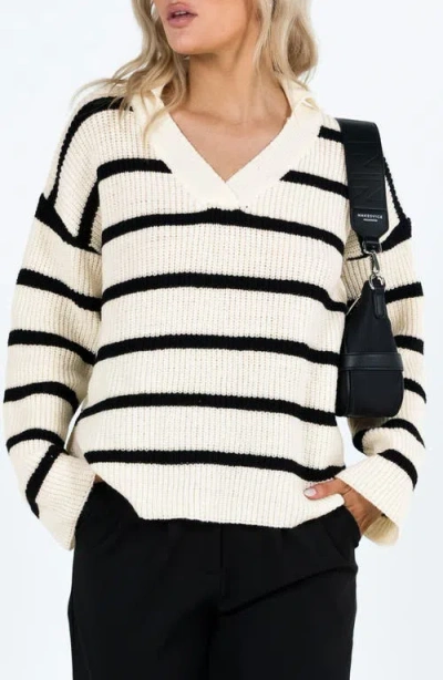 Princess Polly Stripe V-neck Sweater In Black/light Beige