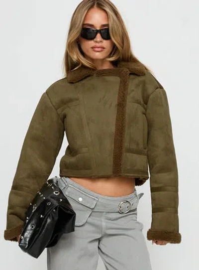 Princess Polly Swooning Cropped Faux Suede Jacket In Green