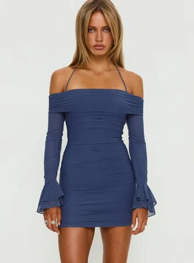 Princess Polly Taylon Mesh Bardot Halterneck Detail Flare Sleeve Mini Dress In Blue