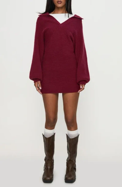 Princess Polly Thorelle Oversize Long Sleeve Sweater Minidress In Burgundy