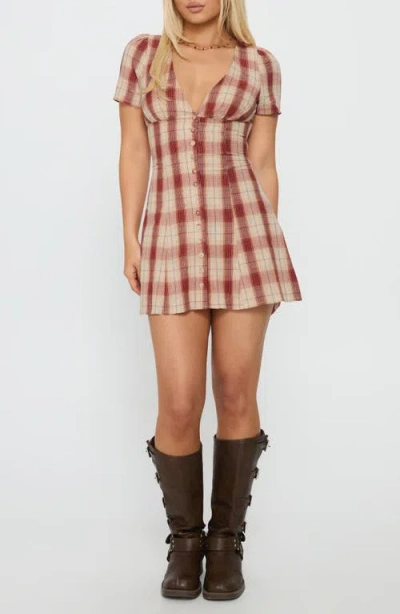 Princess Polly Twist Of Fate Plaid Button Front Minidress In Burgundy