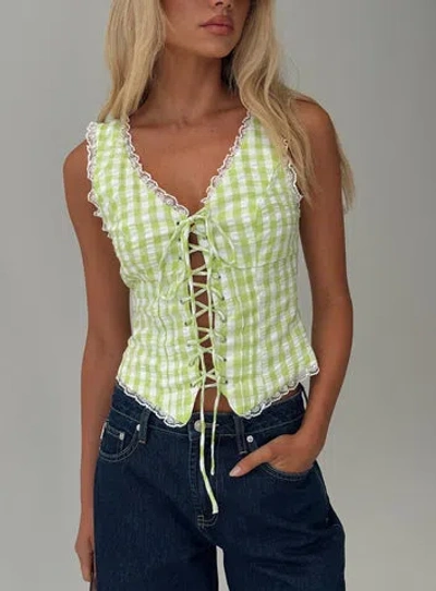 Princess Polly Wayland Tie Up Lace Trim Top In Green Check