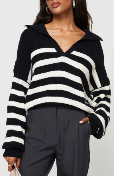 Princess Polly Williamson Stripe Collar Sweater In Black/cream