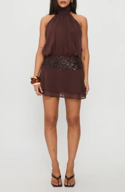 Princess Polly Zenayda Chiffon High Neck Sequin Detail Low Back Mini Dress In Brown