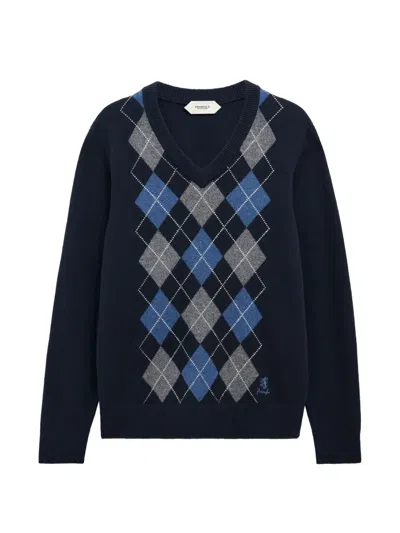 Pringle Of Scotland Argyle V-neck Sweater In Blue