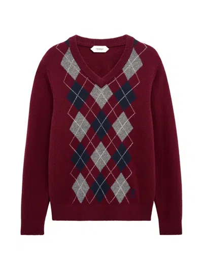 Pringle Of Scotland Argyle V-neck Sweater In Burgundy