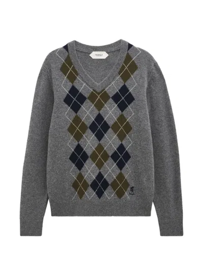 Pringle Of Scotland Argyle V-neck Sweater In Gray