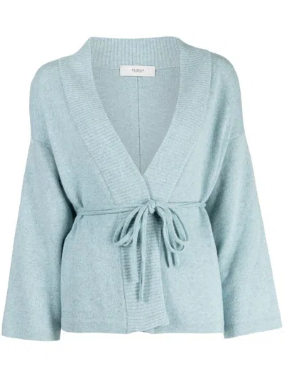 Pringle Of Scotland Ribbed-trim Tie-waist Cardigan In Aqua Melange
