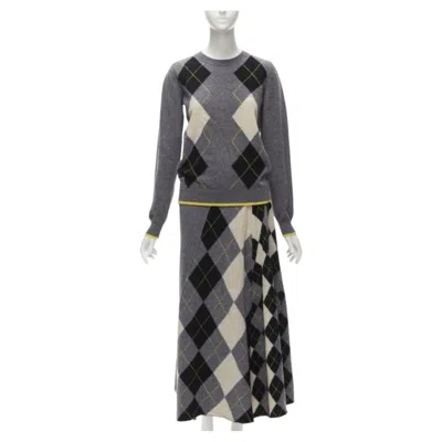 Pre-owned Pringle Of Scotland Wool Grey Argyle Yellow Sweater Asymmetric Midi Skirt Xs