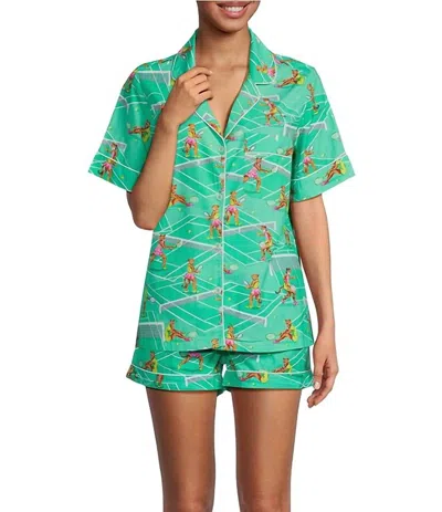 Printfresh Courtside Cats Short Pajama Set In Courtside Cats/tennis Teal In Green