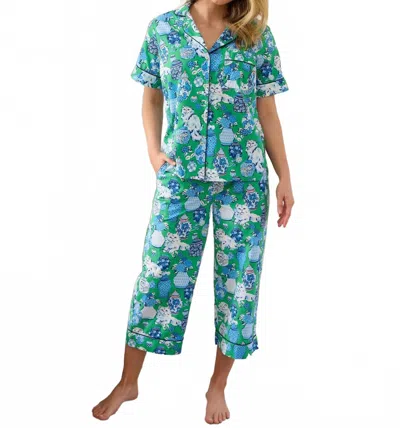 Printfresh Fancy Cat Short Sleeve Top & Cropped Pants Pajama Set In Green Juice In Blue