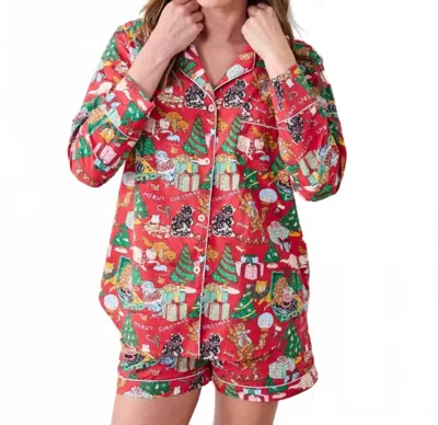 Printfresh Meowy Christmas Long Sleeve Top & Shorts Set In Red Bow In Multi