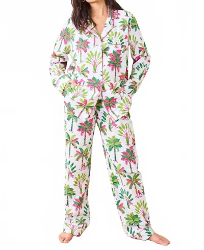 Printfresh Royal Palms Long Pajama Set In Pink Basil In White