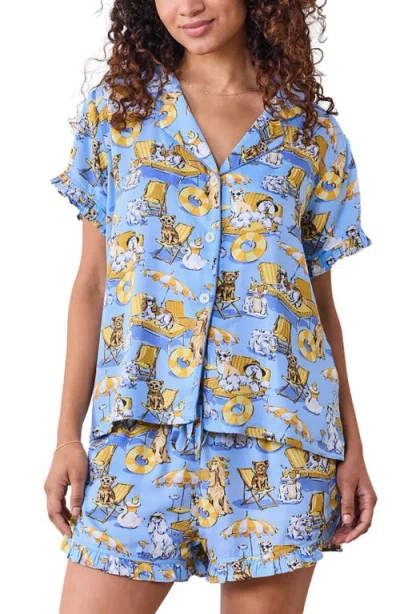 Printfresh Ruffle Satin Pajamas In Blue