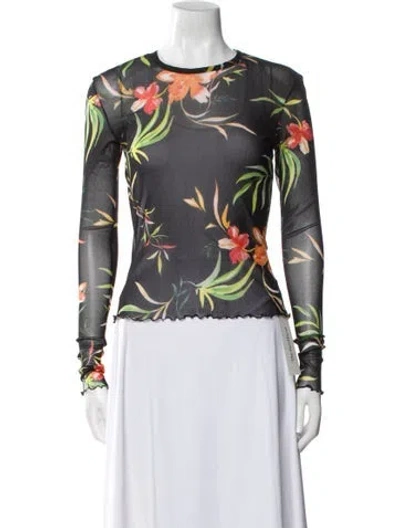 Pre-owned Priscavera Floral Print Crew Neck Blouse In Black