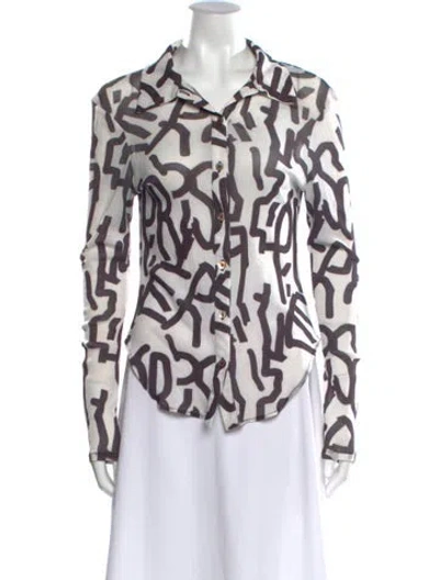 Pre-owned Priscavera Graphic Print Long Sleeve Blouse In Multi