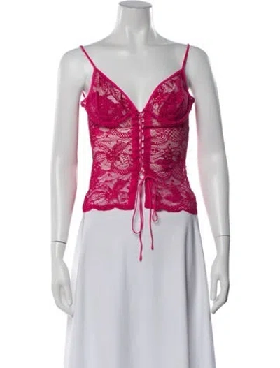Pre-owned Priscavera Lace Pattern V-neck Crop Top In Pink