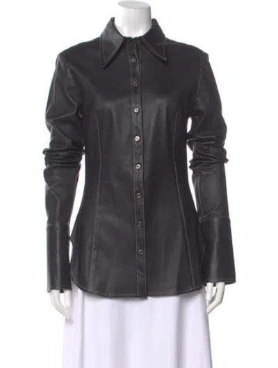 Pre-owned Priscavera Leather Long Sleeve Button-up Top W/ Tags In Black