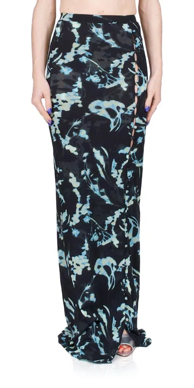 PRISCAVERA MESH BUTTON DOWN MAXI SKIRT IN PHANTOM FLOWER