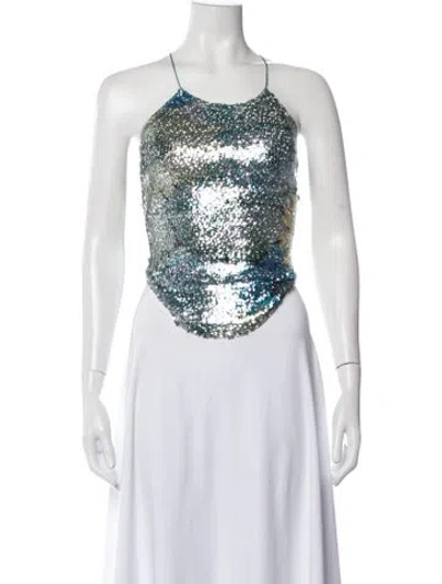 Pre-owned Priscavera Patterned Halterneck Crop Top In White