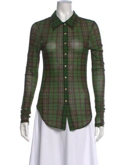 Pre-owned Priscavera Plaid Print Long Sleeve Button-up Top W/ Tags In Green