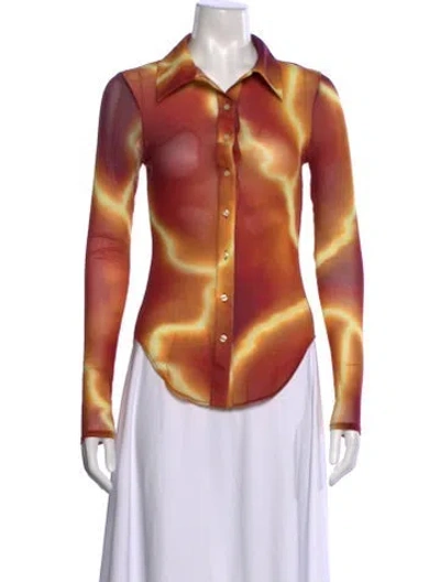 Pre-owned Priscavera Printed Long Sleeve Button-up Top In Orange