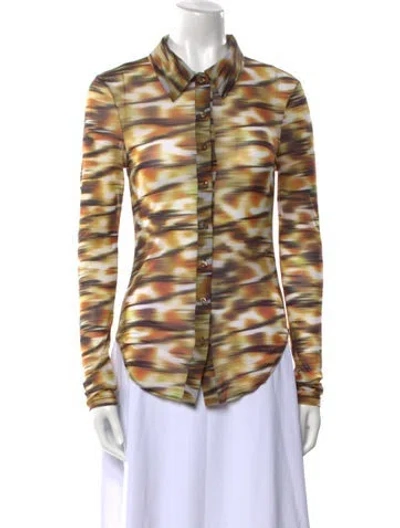 Pre-owned Priscavera Printed Long Sleeve Button-up Top W/ Tags In Yellow