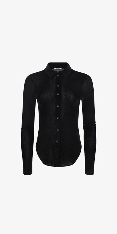 PRISCAVERA VELVET MESH BUTTON DOWN OBSIDIAN