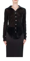 Priscavera Velvet Mesh Button Down Shirt In Obsidian In Black
