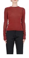 Priscavera Velvet Mesh Long Sleeve Top In Brick In Red