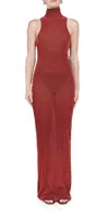 Priscavera Velvet Mesh Turtleneck Maxi Dress In Brick In Red