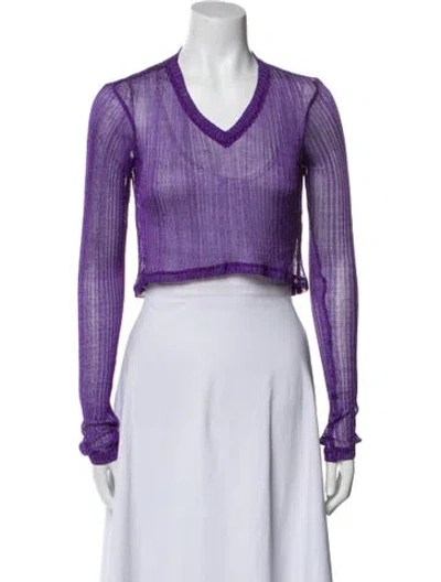 Pre-owned Priscavera V-neck Long Sleeve Crop Top In Blue