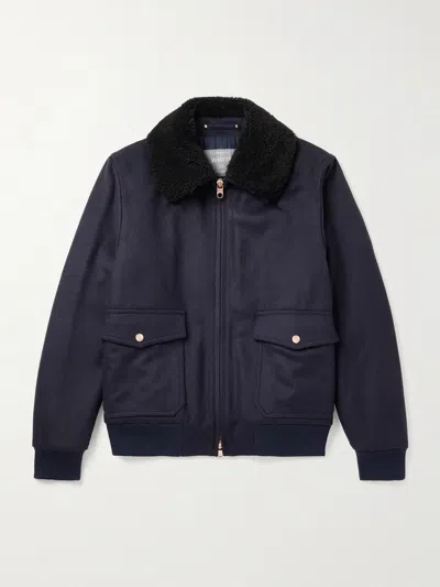 Private White V.c. The Flight Jacket 3.0 Shearling-trimmed Wool Bomber Jacket In Blue